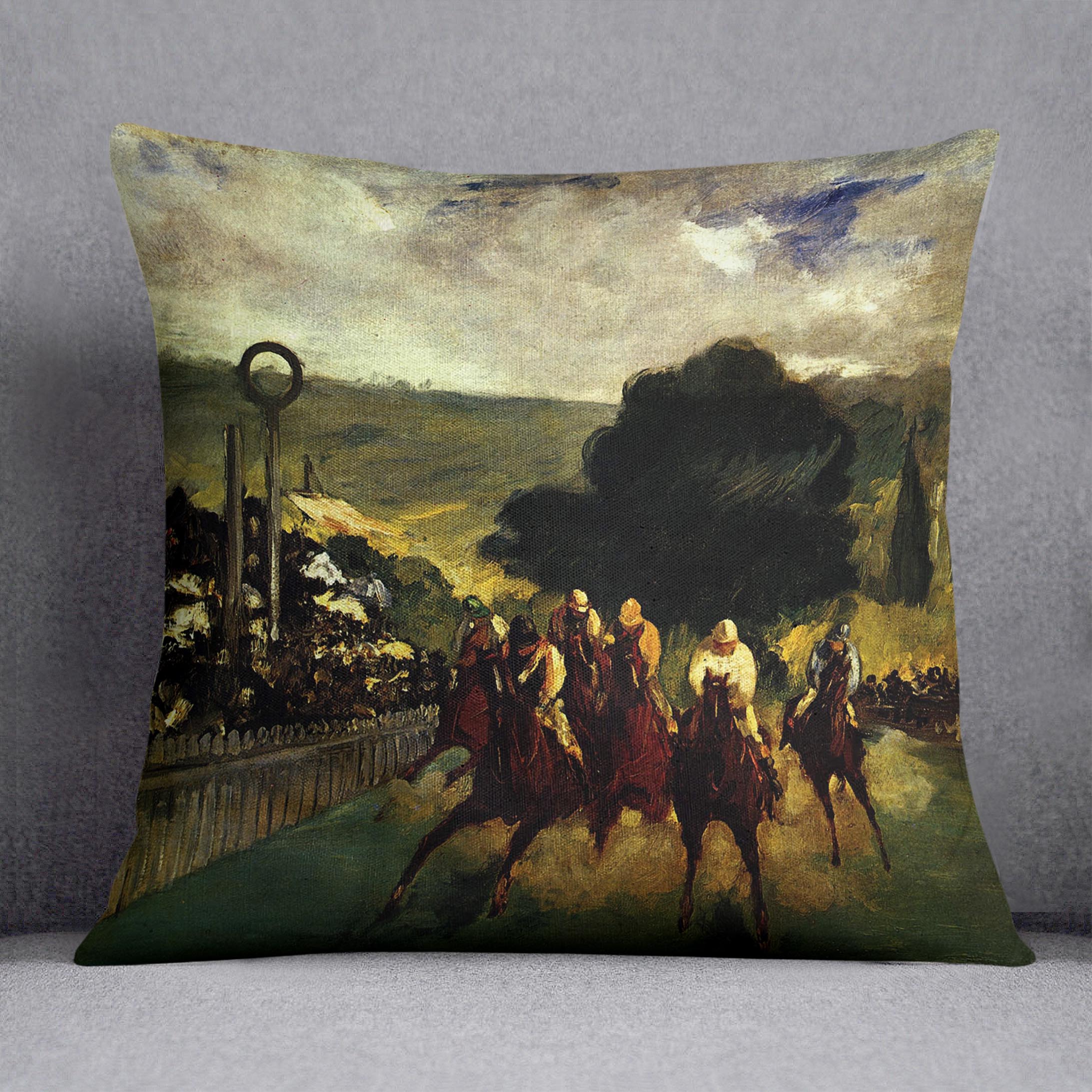 Race at Longchamp by Manet Cushion featuring vibrant abstract design on luxurious vegan faux suede.