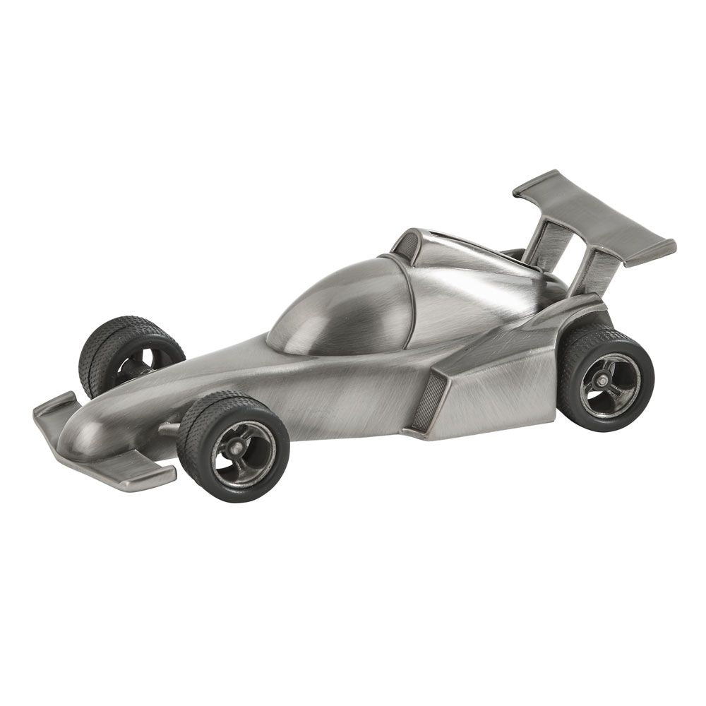 A detailed racing car bank in brushed pewter finish with rubber tires and alloy rims.