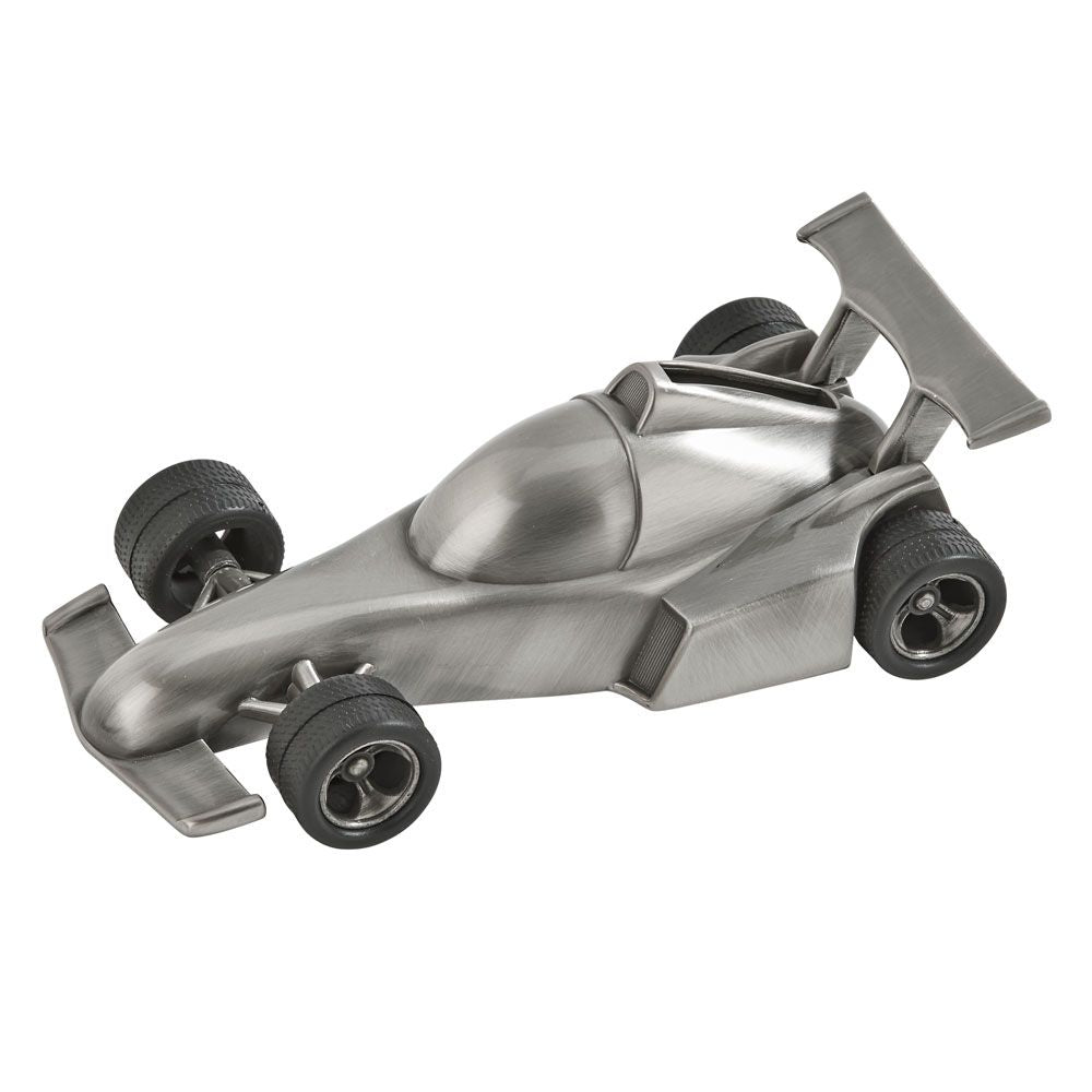 A detailed racing car bank in brushed pewter finish with rubber tires and alloy rims.