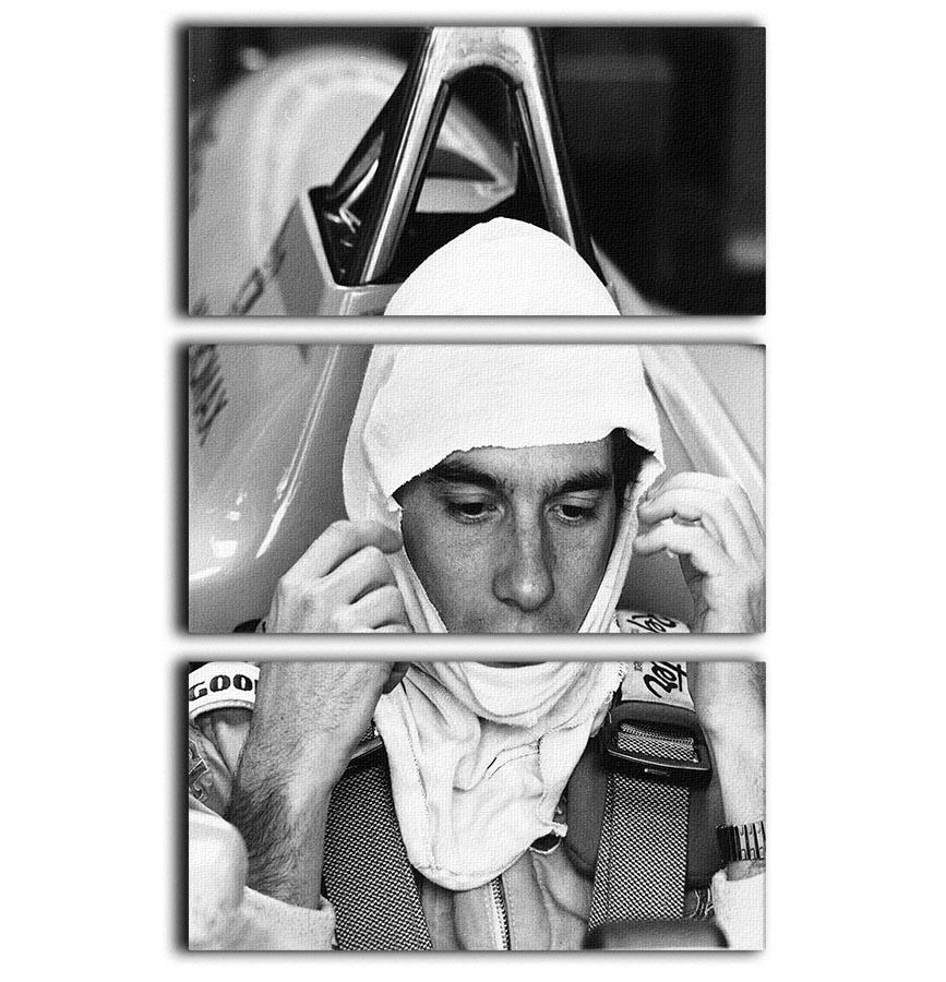 Ayrton Senna racing at Silverstone, displayed on a 3-panel canvas print, showcasing vibrant colors and dynamic imagery.