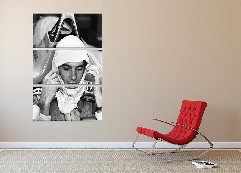 Ayrton Senna racing at Silverstone, displayed on a 3-panel canvas print, showcasing vibrant colors and dynamic imagery.