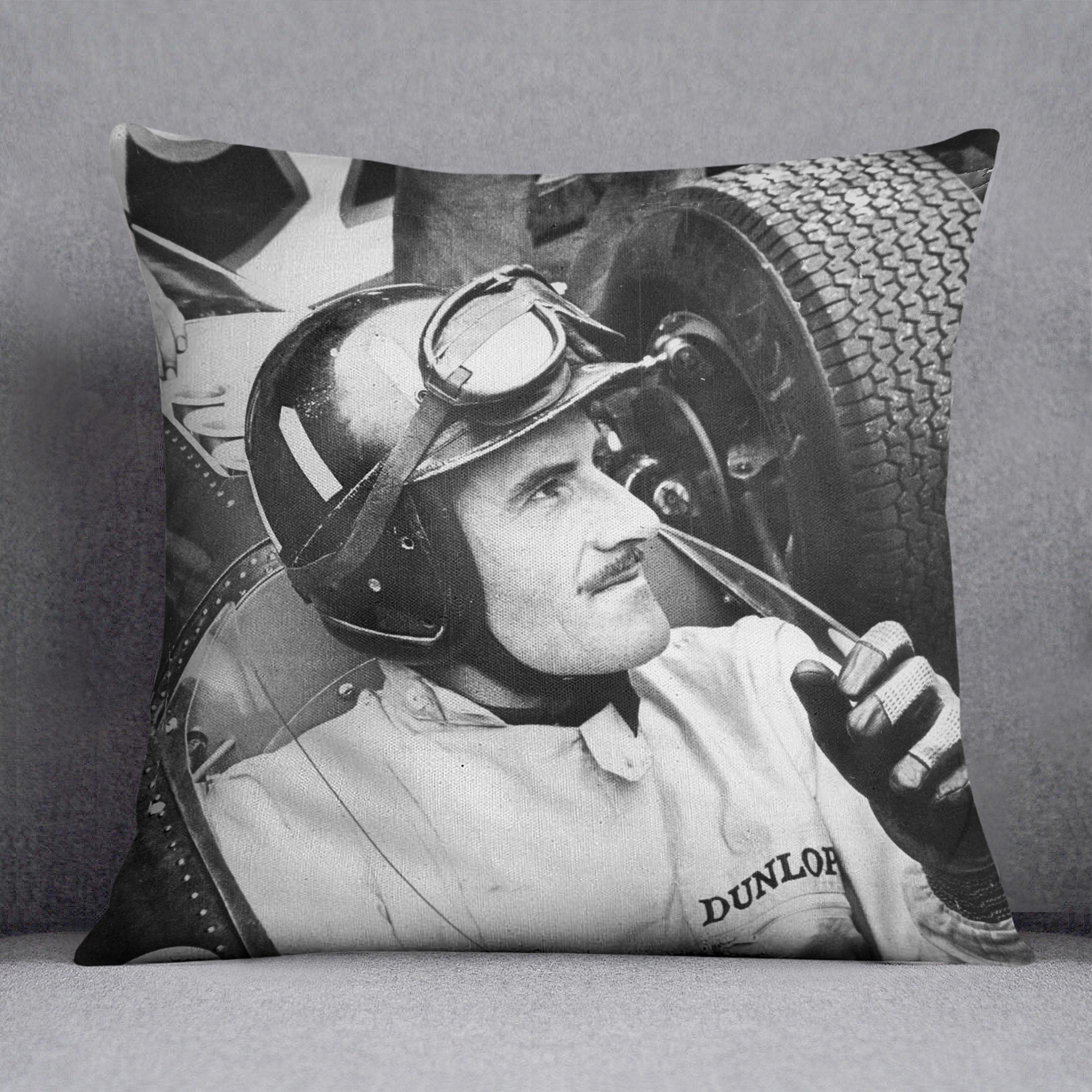 Racing Driver Graham Hill Cushion featuring vibrant abstract designs on luxurious vegan faux suede, perfect for home decor.