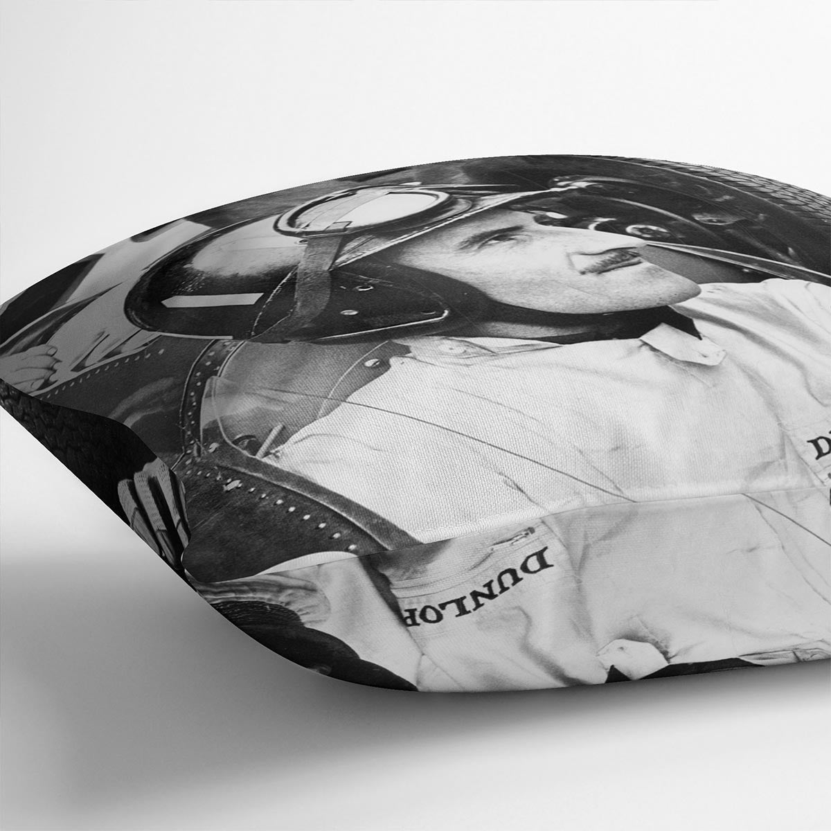 Racing Driver Graham Hill Cushion featuring vibrant abstract designs on luxurious vegan faux suede, perfect for home decor.