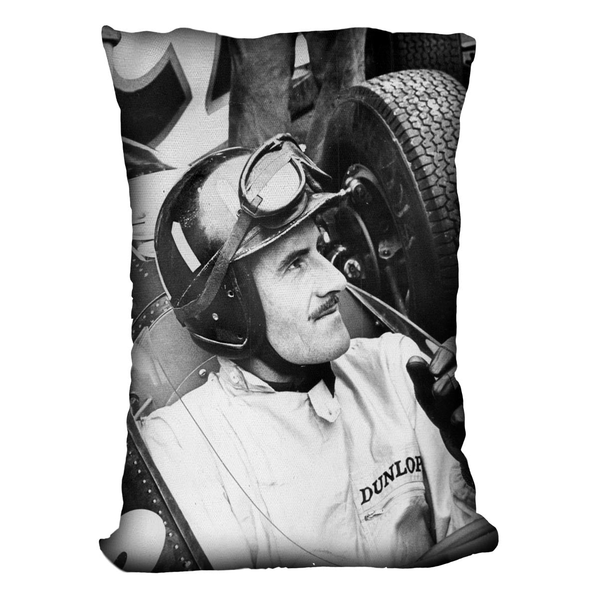 Racing Driver Graham Hill Cushion featuring vibrant abstract designs on luxurious vegan faux suede, perfect for home decor.
