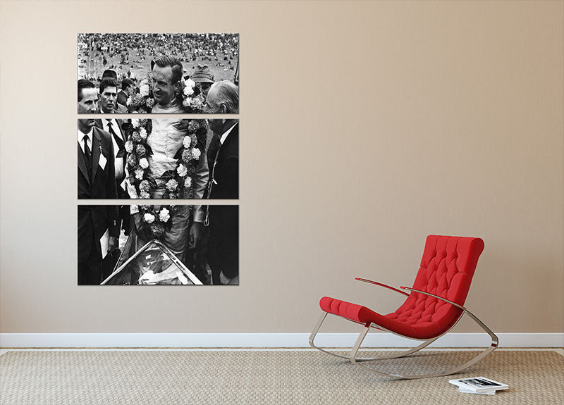 Racing Driver Jim Clark 3 Split Panel Canvas Print showcasing vibrant artwork of the legendary racer, perfect for home decor.