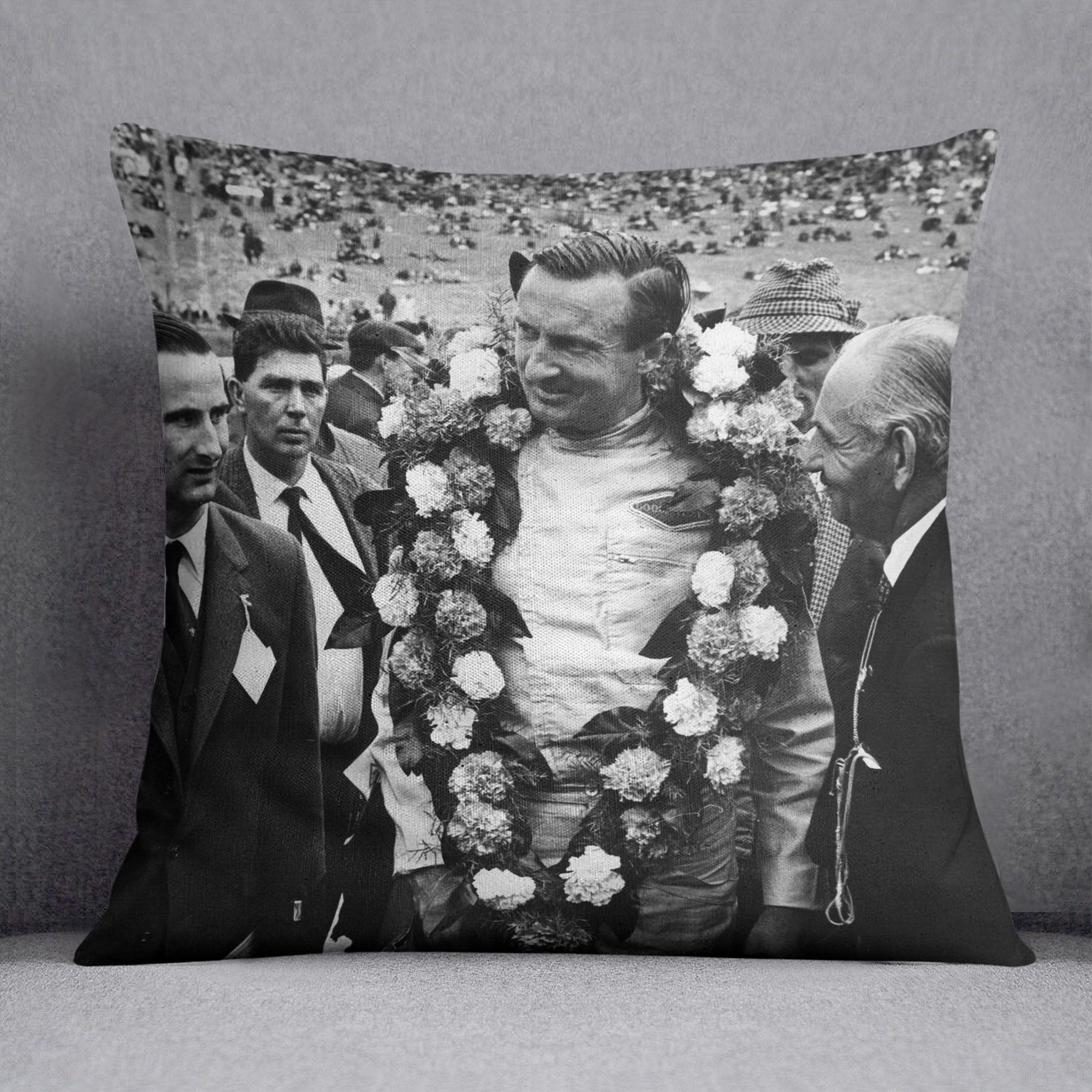 Racing Driver Jim Clark Cushion featuring vibrant abstract design on luxurious vegan faux suede, perfect for home decor.