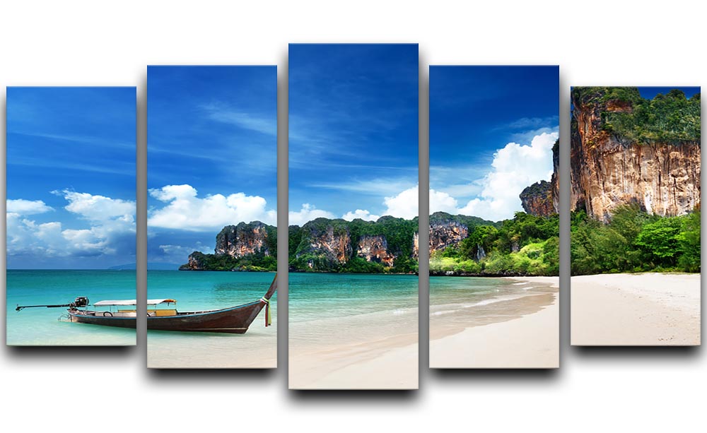 A beautiful 5 split panel canvas artwork depicting Railay Beach in Krabi, Thailand, showcasing its stunning cliffs and clear waters.