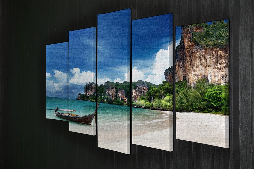 A beautiful 5 split panel canvas artwork depicting Railay Beach in Krabi, Thailand, showcasing its stunning cliffs and clear waters.