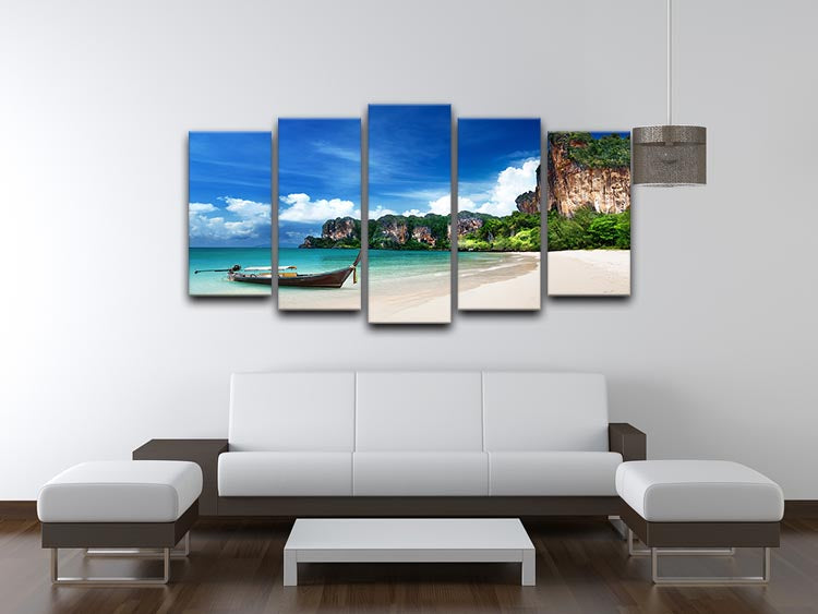A beautiful 5 split panel canvas artwork depicting Railay Beach in Krabi, Thailand, showcasing its stunning cliffs and clear waters.
