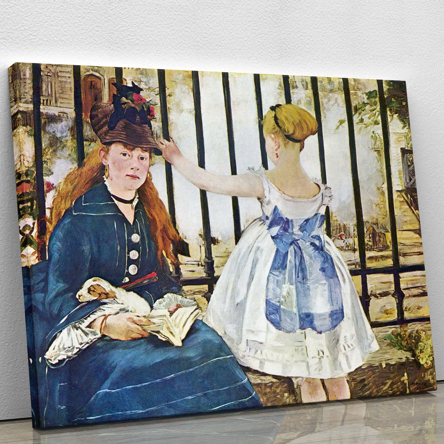 Railway by Manet canvas print showcasing a young woman and a passing train, vibrant colors and Impressionist style.