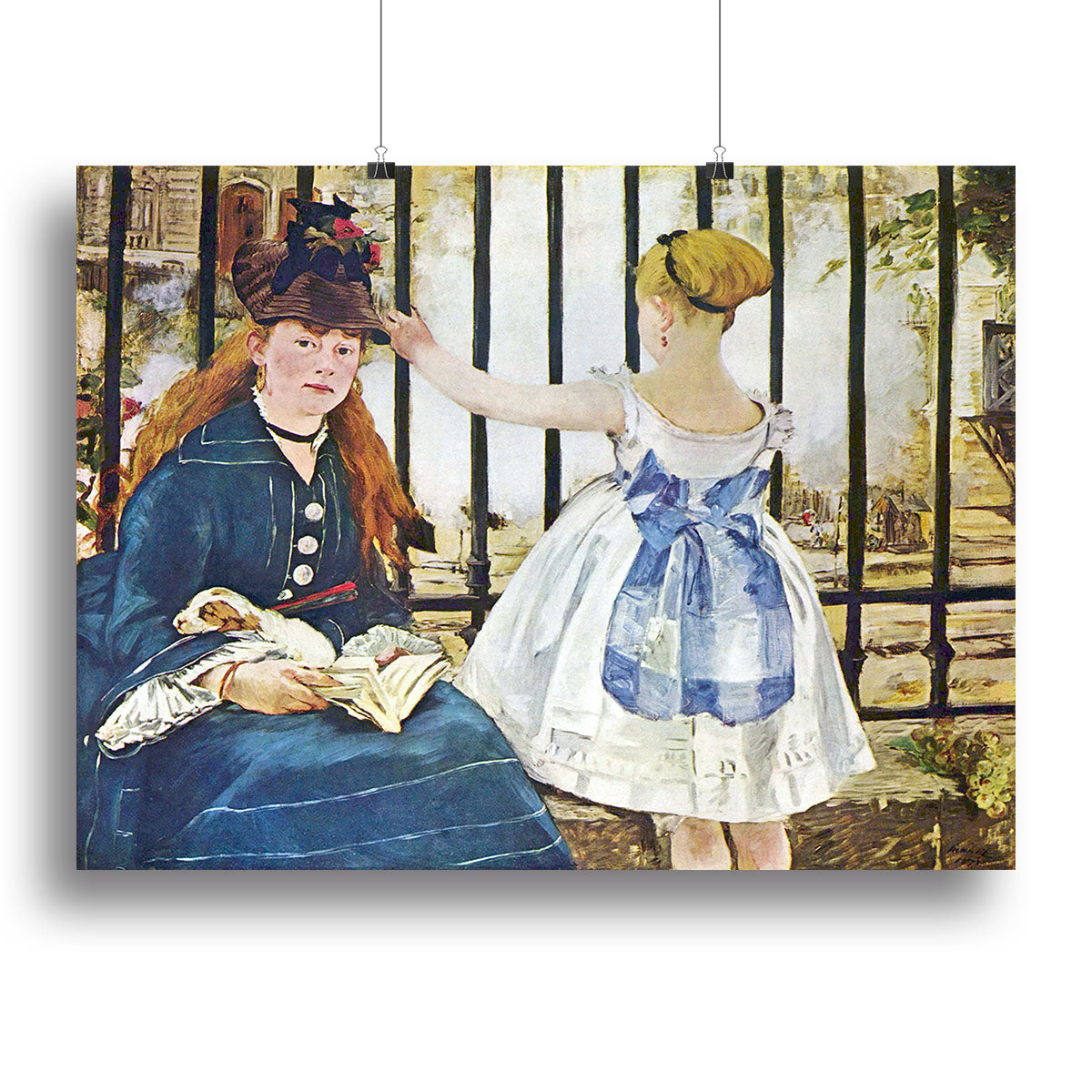 Railway by Manet canvas print showcasing a young woman and a passing train, vibrant colors and Impressionist style.