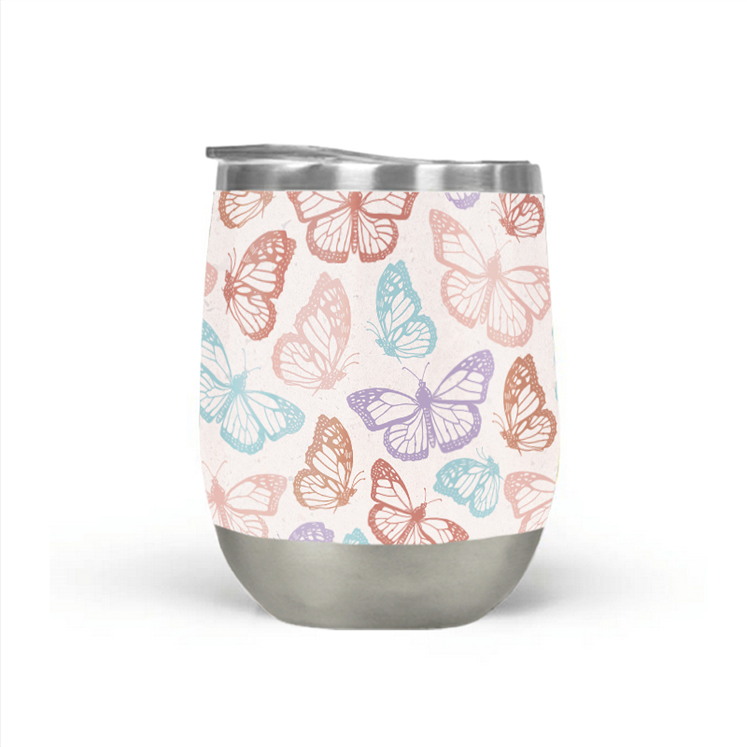 Colorful Rainbow Butterfly Wine Tumbler with double-wall insulation, perfect for outdoor use.