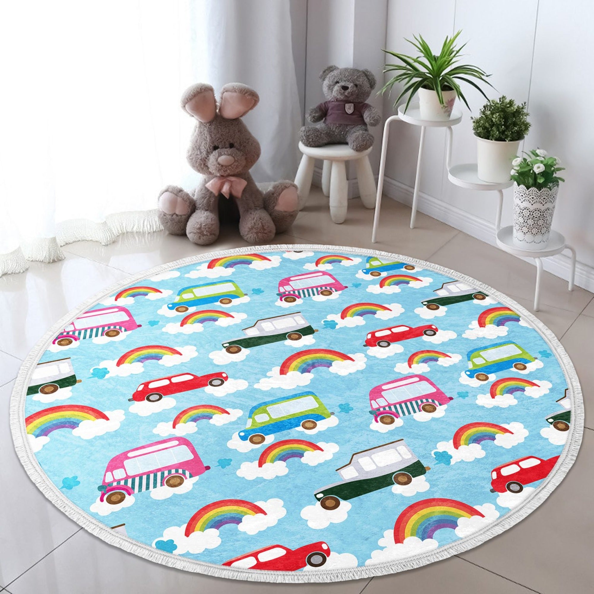 Colorful round rug for kids' room featuring a playful car print, made from soft velvet fabric with fringes.