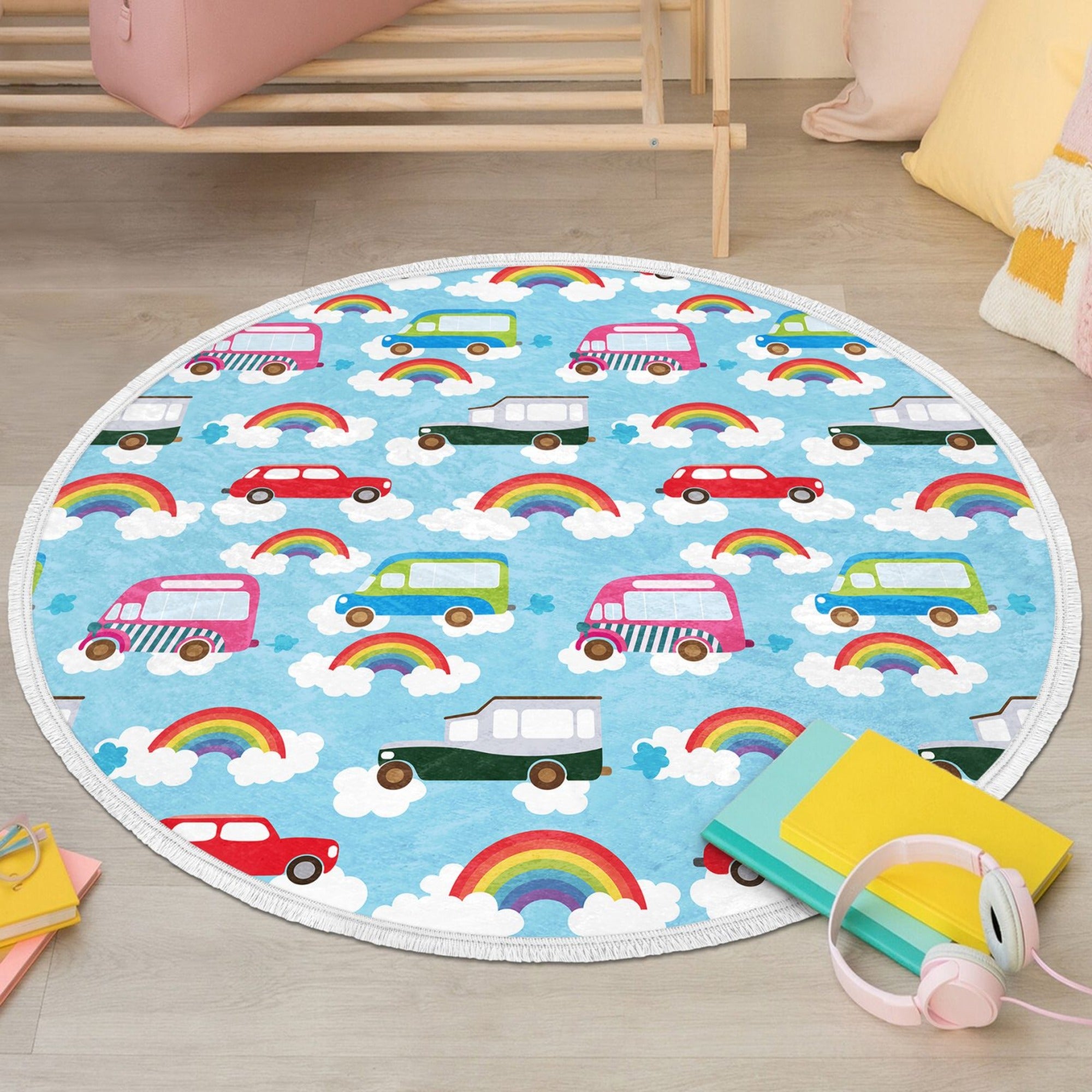 Colorful round rug for kids' room featuring a playful car print, made from soft velvet fabric with fringes.