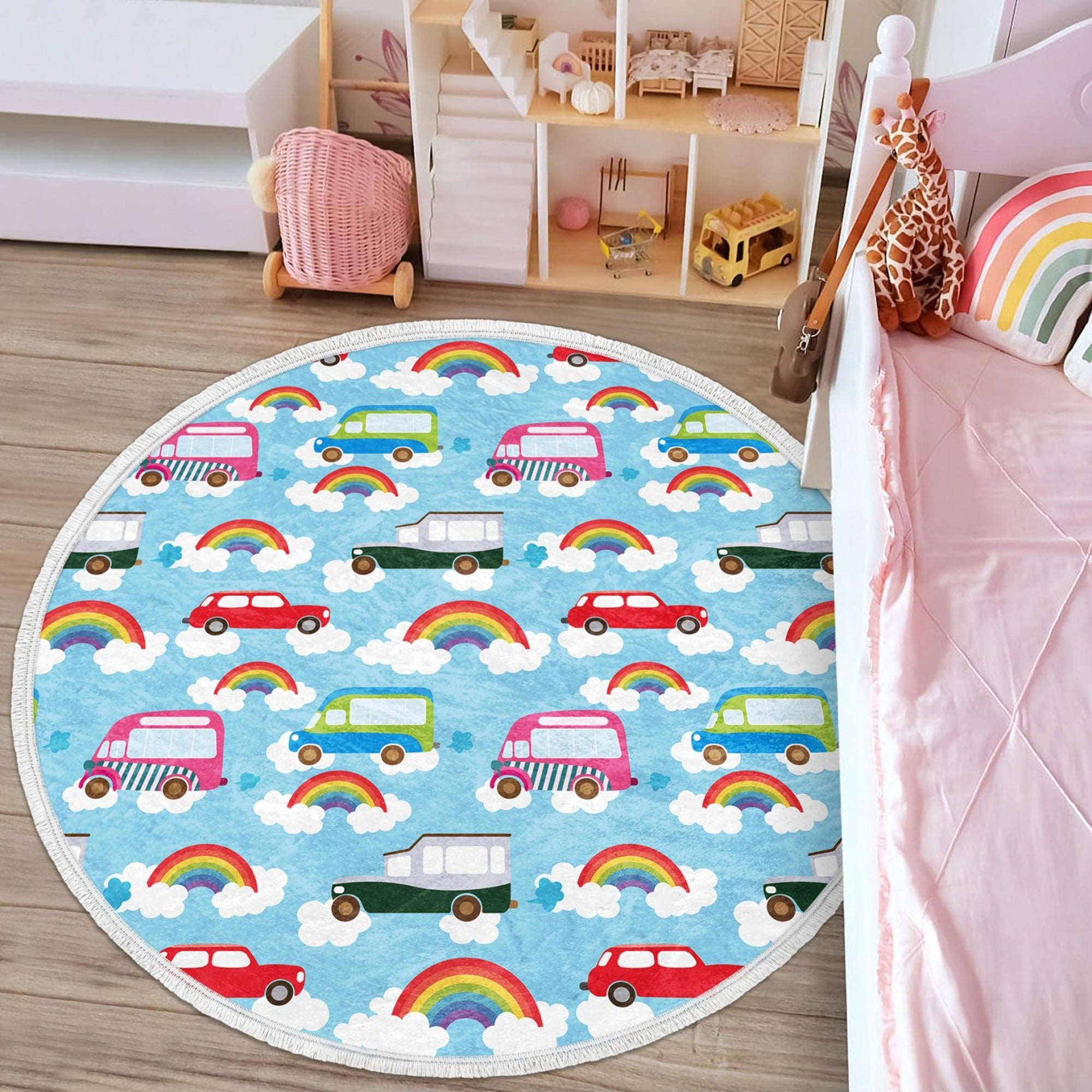 Colorful round rug for kids' room featuring a playful car print, made from soft velvet fabric with fringes.