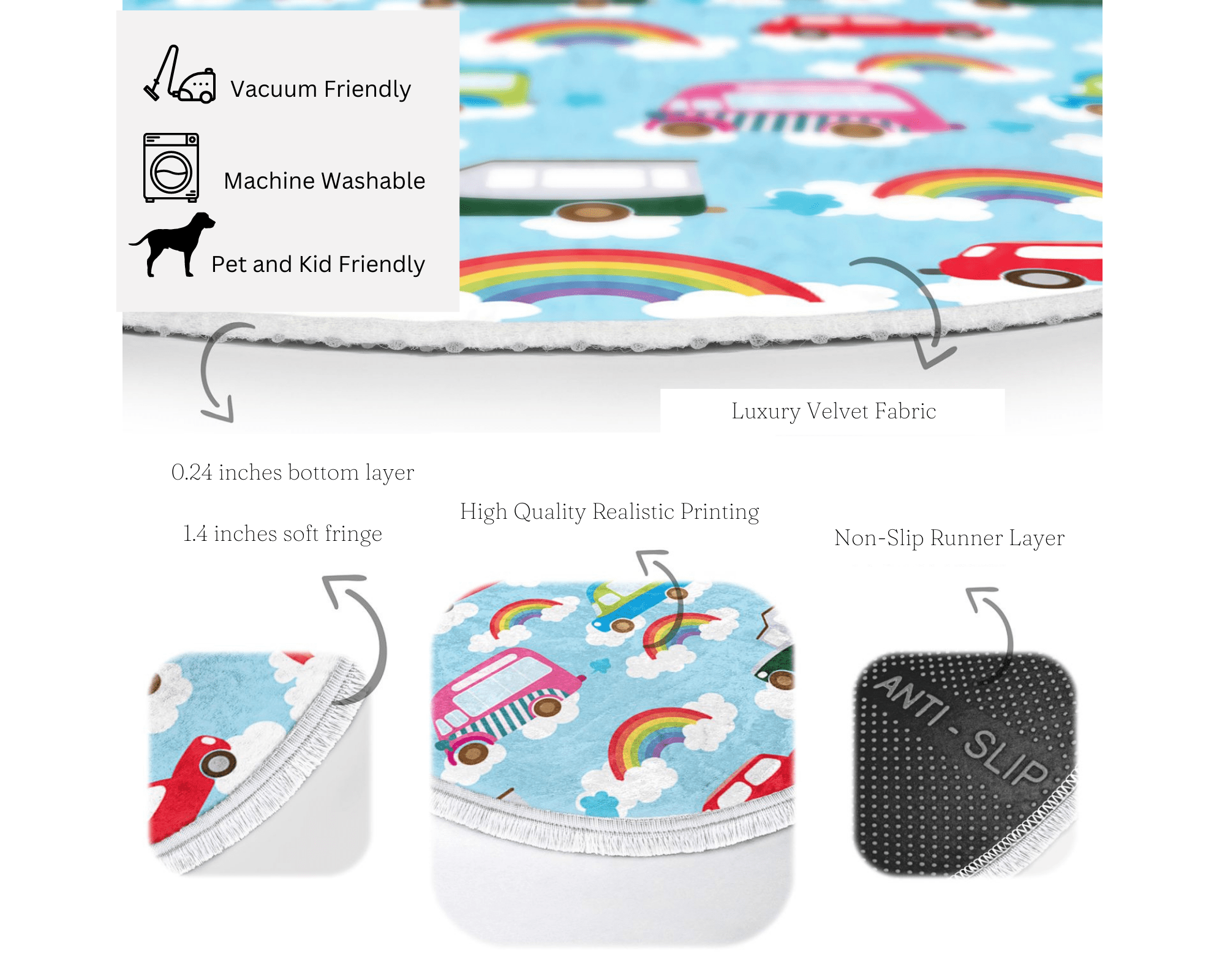 Colorful round rug for kids' room featuring a playful car print, made from soft velvet fabric with fringes.