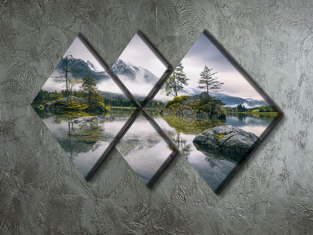 A beautiful 4-square canvas artwork depicting a rainy morning at Hintersee, Bavaria, showcasing serene landscapes and vibrant colors.