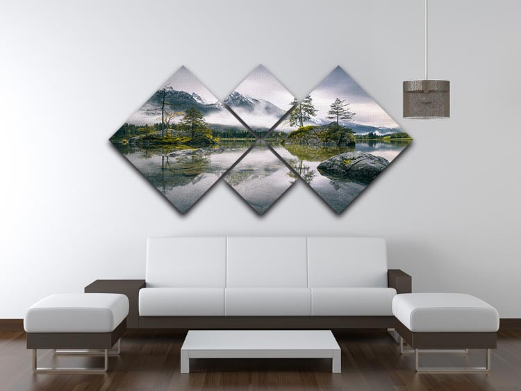 A beautiful 4-square canvas artwork depicting a rainy morning at Hintersee, Bavaria, showcasing serene landscapes and vibrant colors.