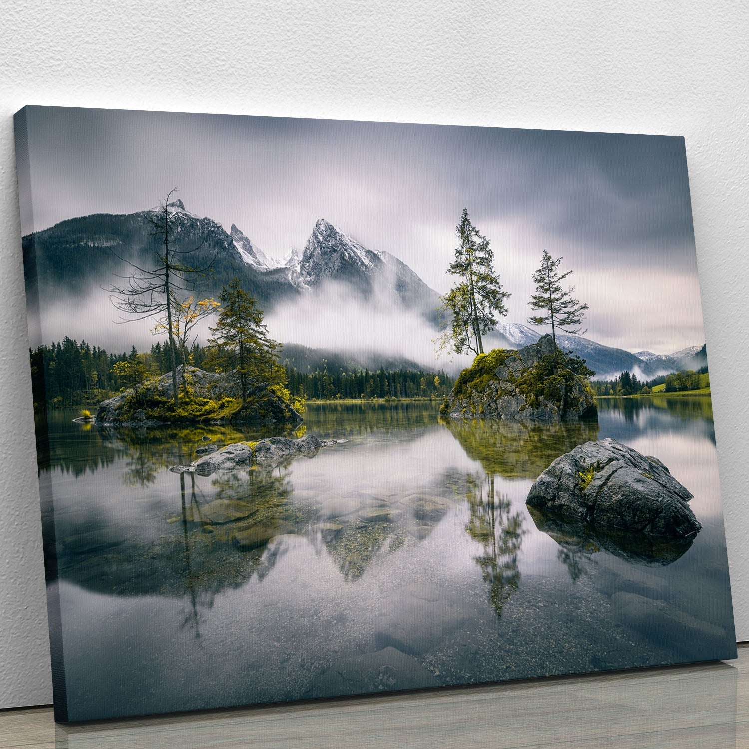 Canvas print of a rainy morning at Hintersee, Bavaria, showcasing serene landscapes and vibrant colors.