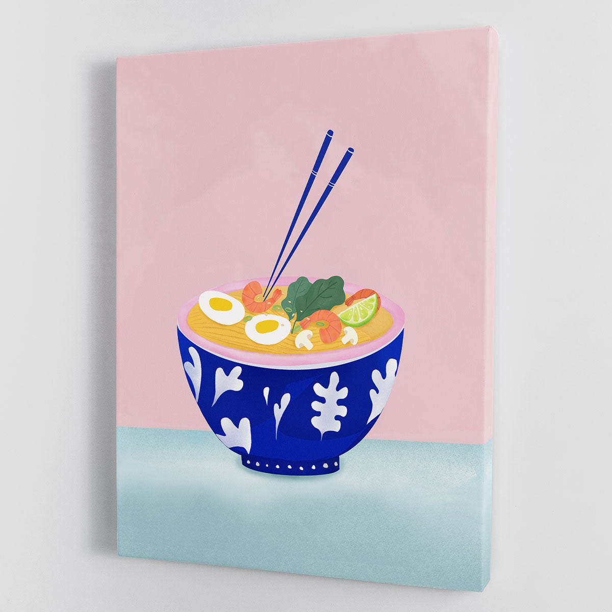 A vibrant canvas print featuring a beautifully illustrated ramen bowl, perfect for home decor.
