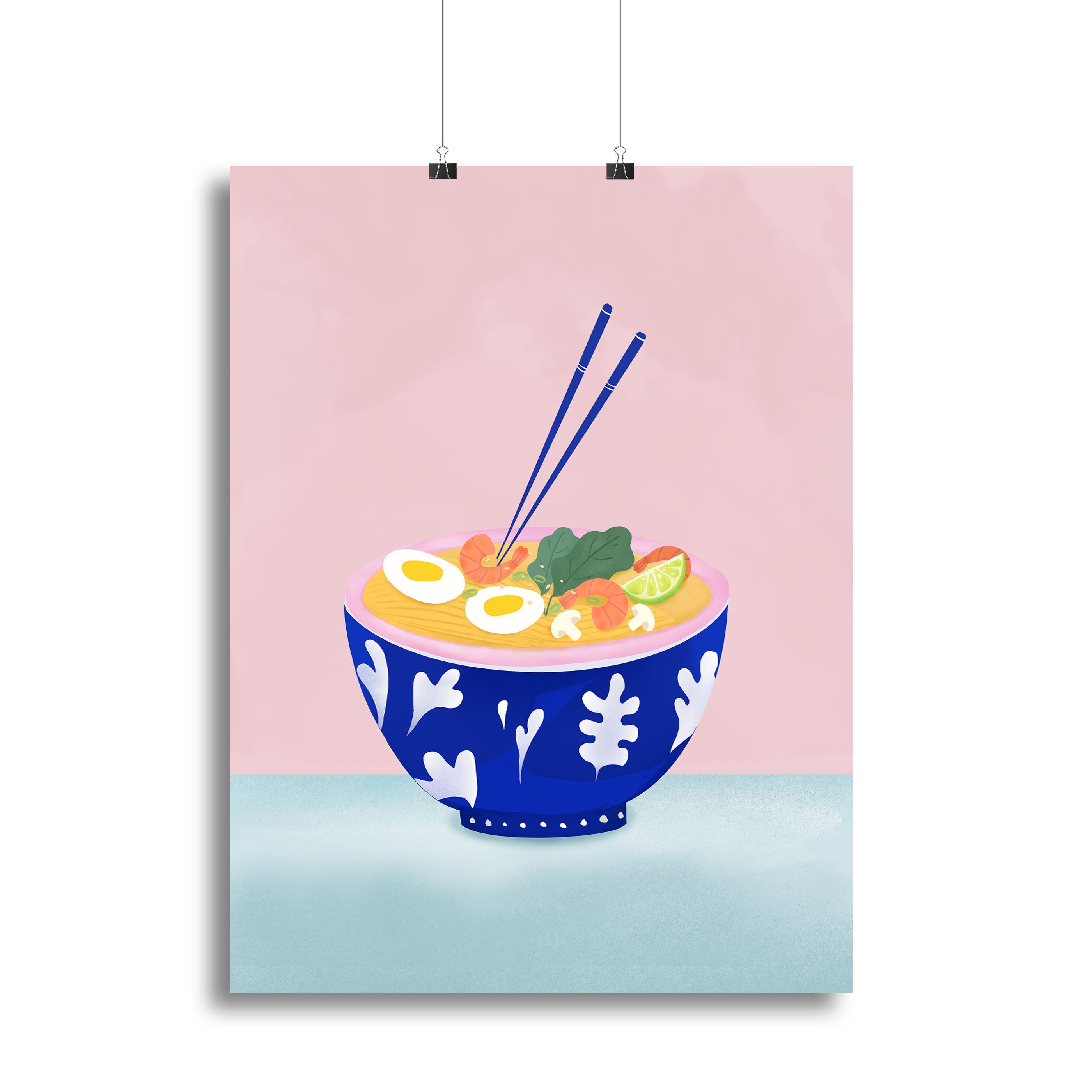 A vibrant canvas print featuring a beautifully illustrated ramen bowl, perfect for home decor.