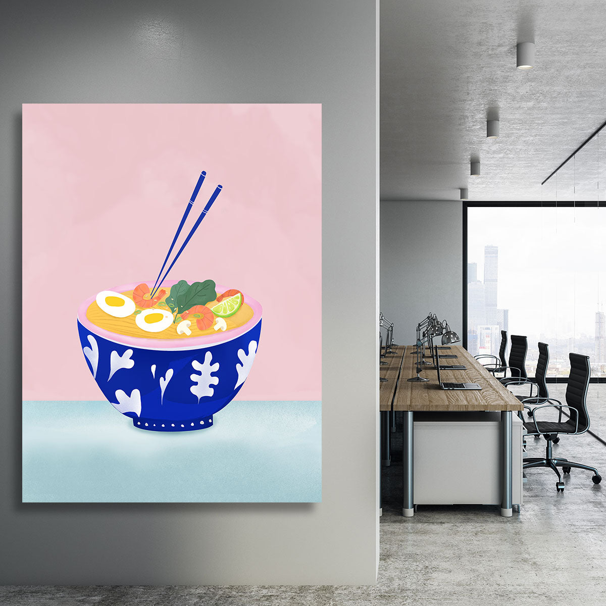 A vibrant canvas print featuring a beautifully illustrated ramen bowl, perfect for home decor.