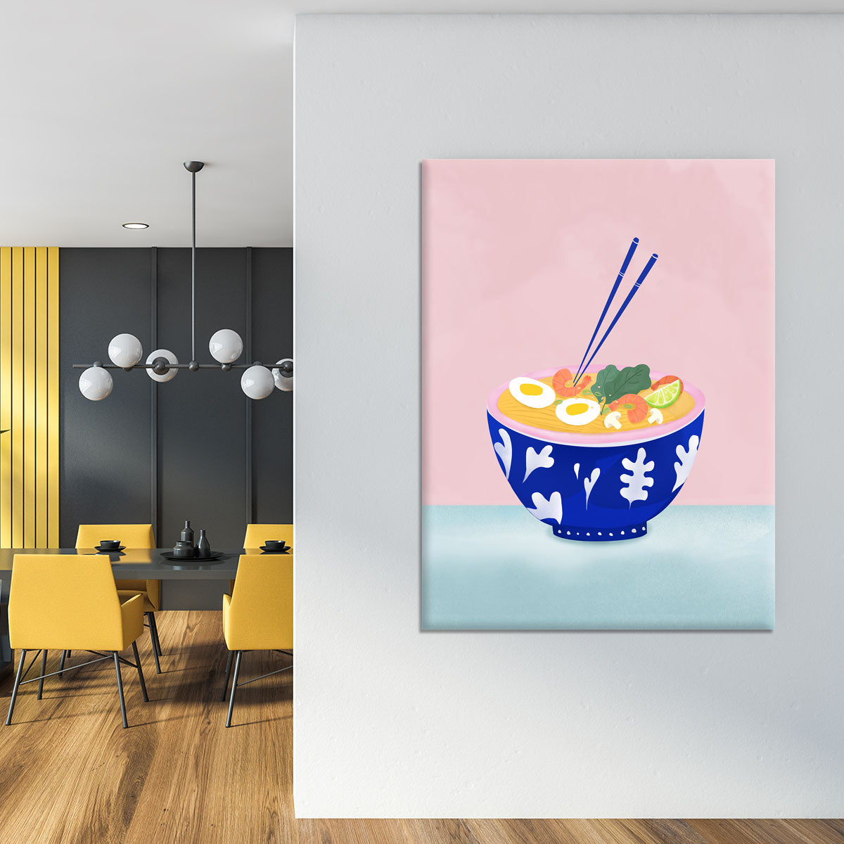 A vibrant canvas print featuring a beautifully illustrated ramen bowl, perfect for home decor.