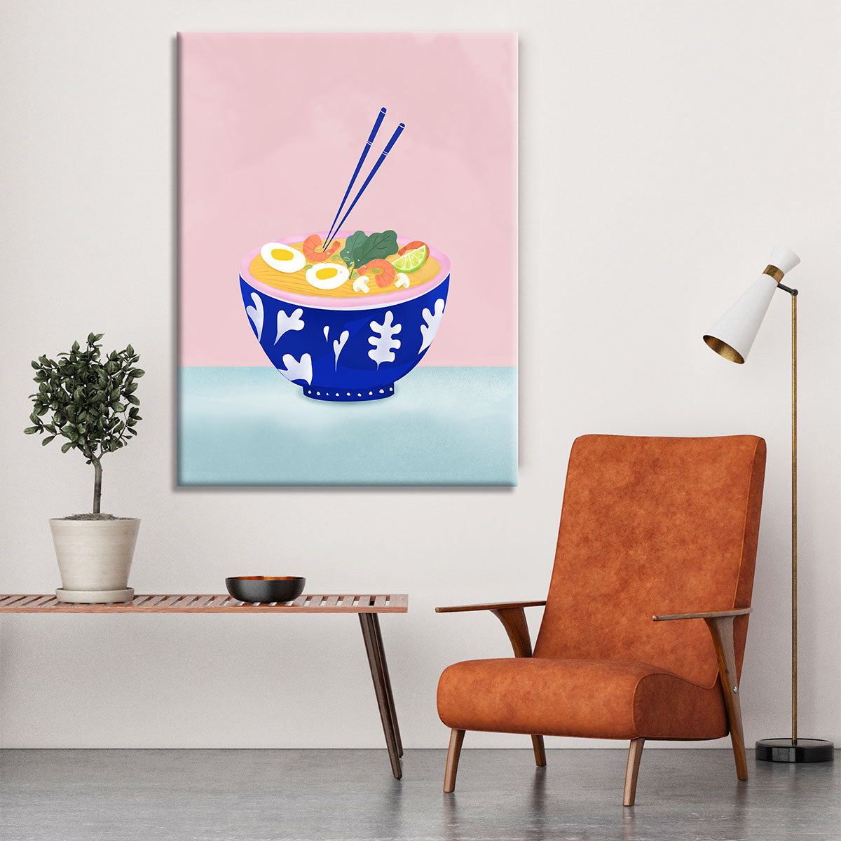 A vibrant canvas print featuring a beautifully illustrated ramen bowl, perfect for home decor.