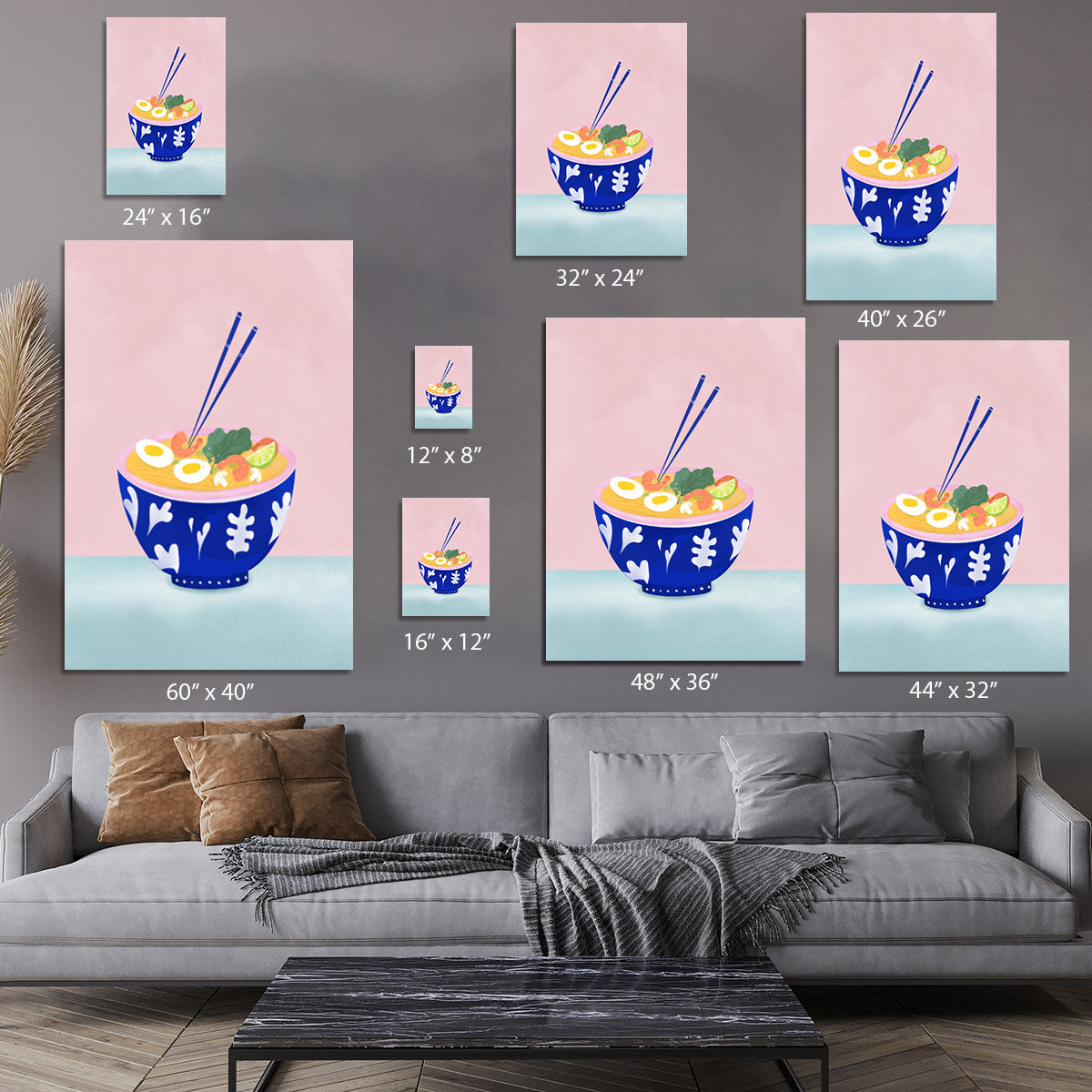 A vibrant canvas print featuring a beautifully illustrated ramen bowl, perfect for home decor.