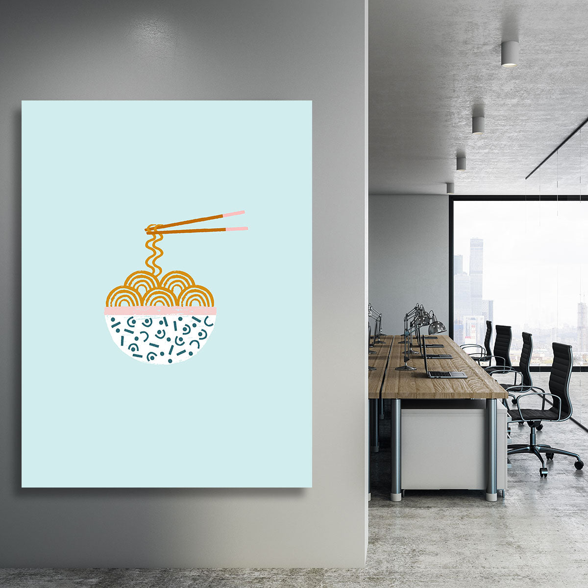 A vibrant Ramen Vector Art Canvas Print showcasing colorful ramen noodles and toppings, perfect for home decor.