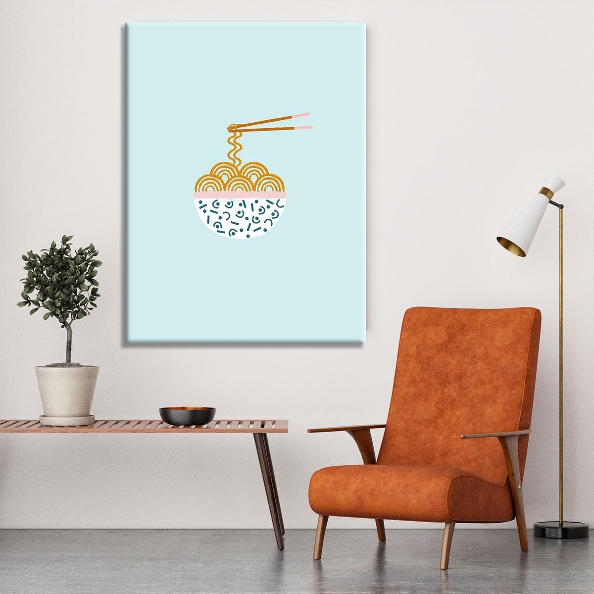 A vibrant Ramen Vector Art Canvas Print showcasing colorful ramen noodles and toppings, perfect for home decor.