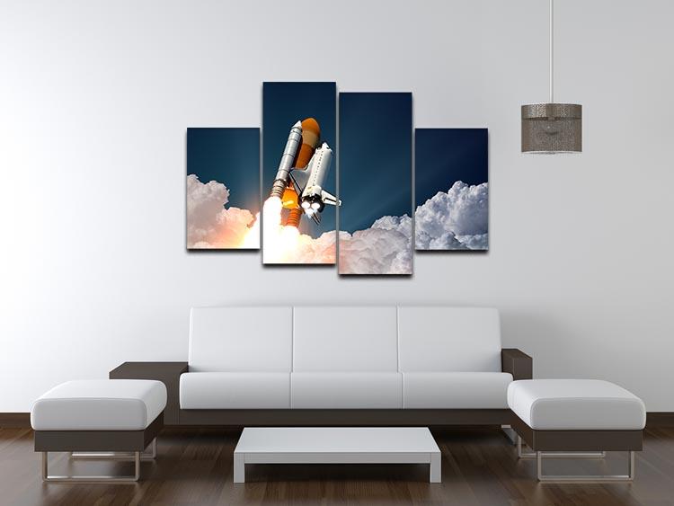 A stunning 4-panel canvas artwork depicting a realistic 3D scene of a space shuttle, showcasing intricate details and vibrant colors.