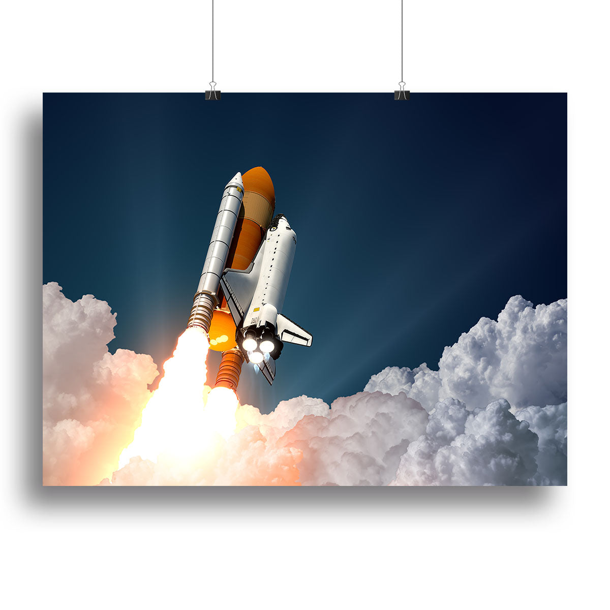A realistic 3D scene of a space shuttle depicted on a canvas print, showcasing vibrant colors and intricate details, perfect for home or office decor.