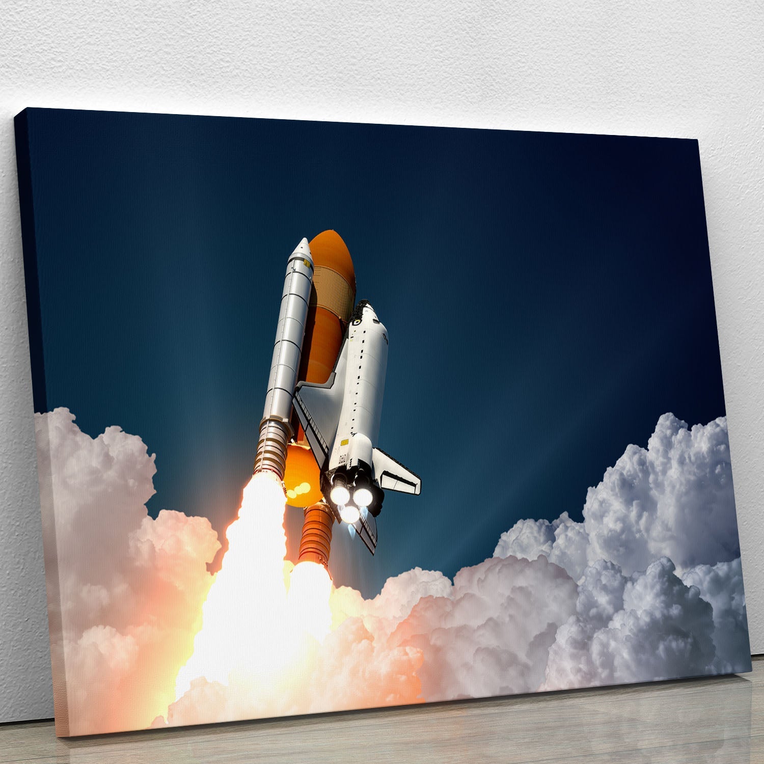 A realistic 3D scene of a space shuttle depicted on a canvas print, showcasing vibrant colors and intricate details, perfect for home or office decor.