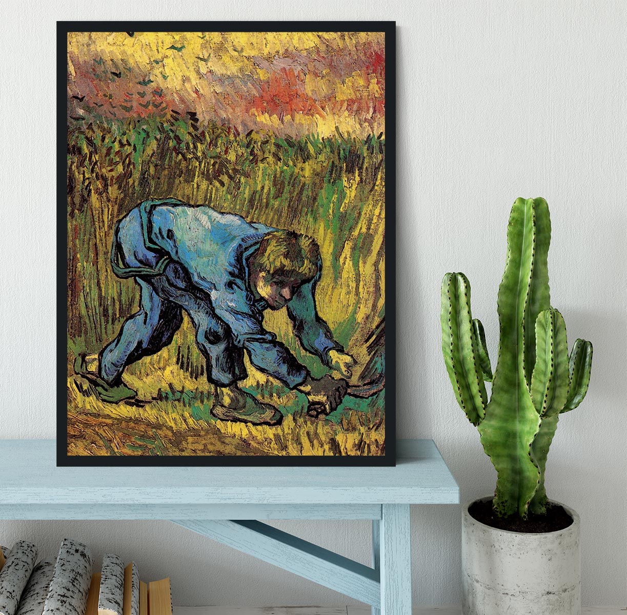 Framed print of Reaper with Sickle after Millet by Van Gogh, showcasing vibrant colors and intricate details.