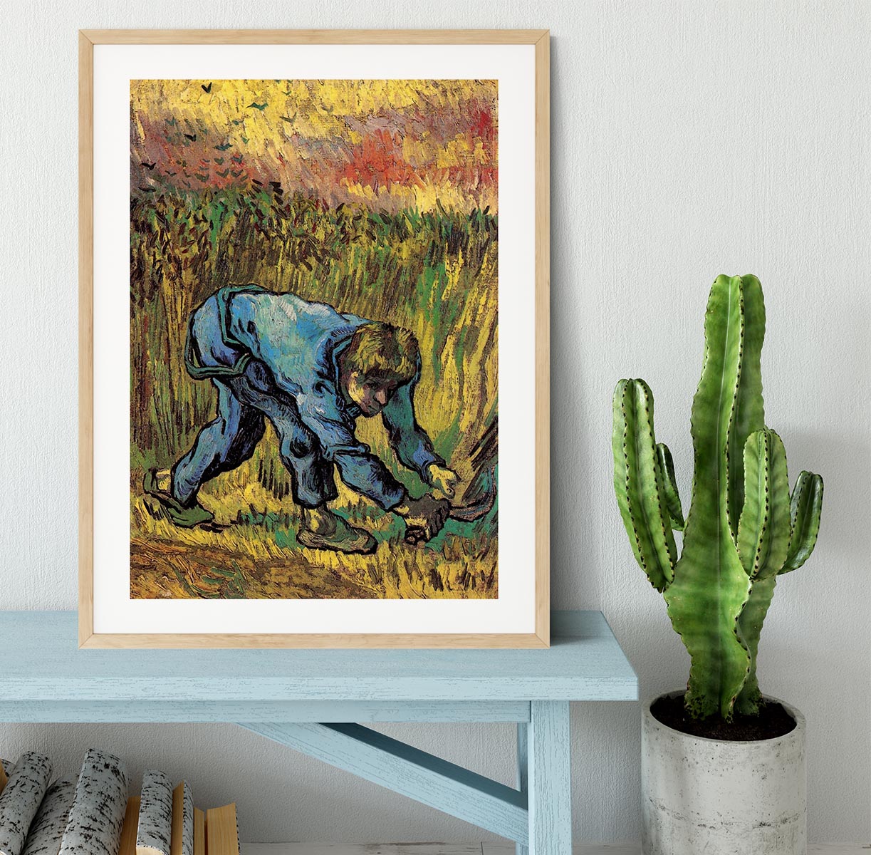Framed print of Reaper with Sickle after Millet by Van Gogh, showcasing vibrant colors and intricate details.