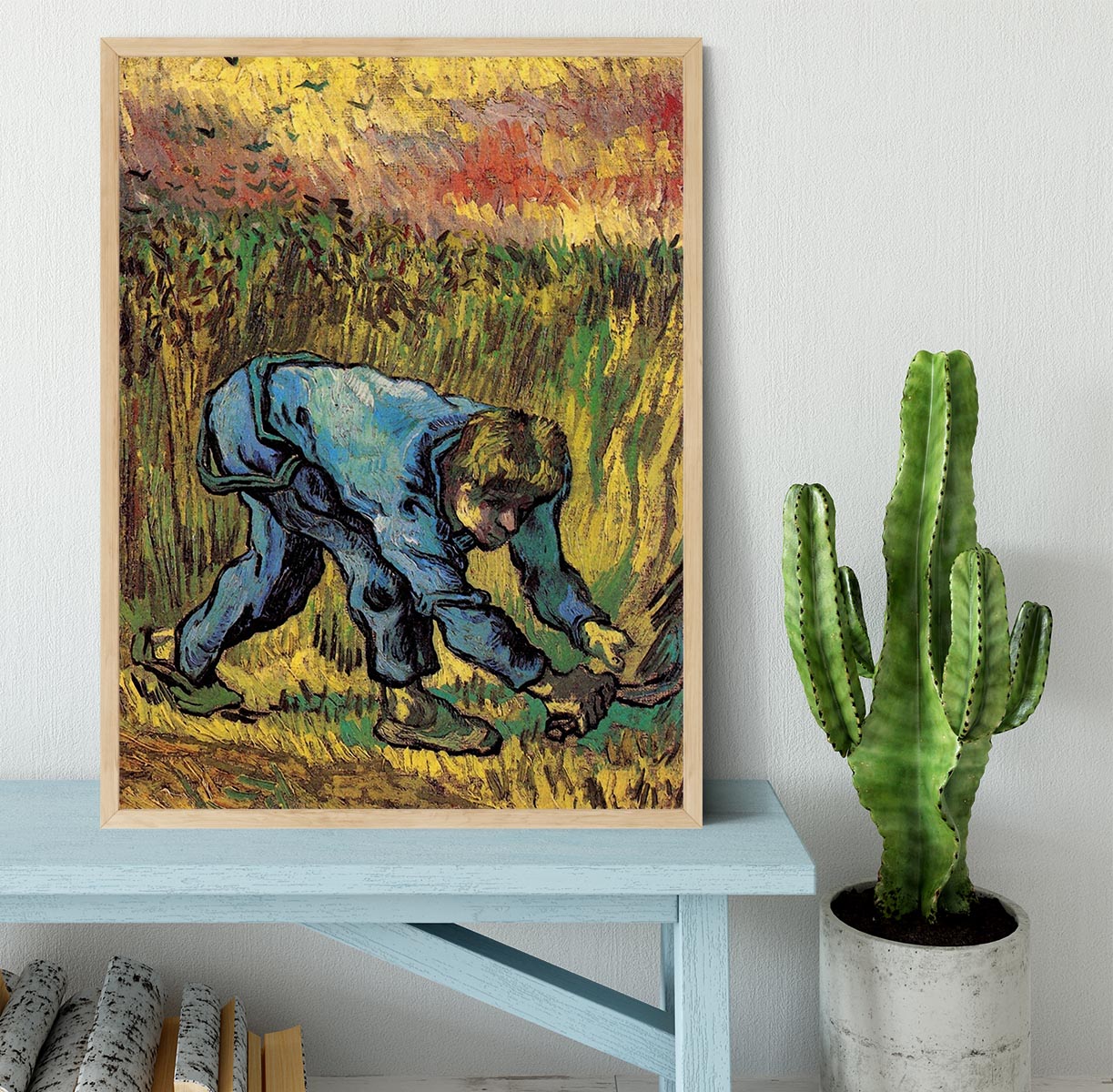 Framed print of Reaper with Sickle after Millet by Van Gogh, showcasing vibrant colors and intricate details.