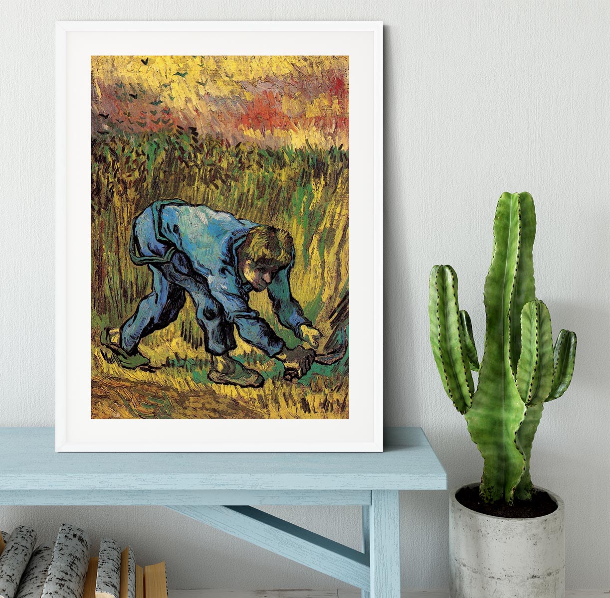 Framed print of Reaper with Sickle after Millet by Van Gogh, showcasing vibrant colors and intricate details.