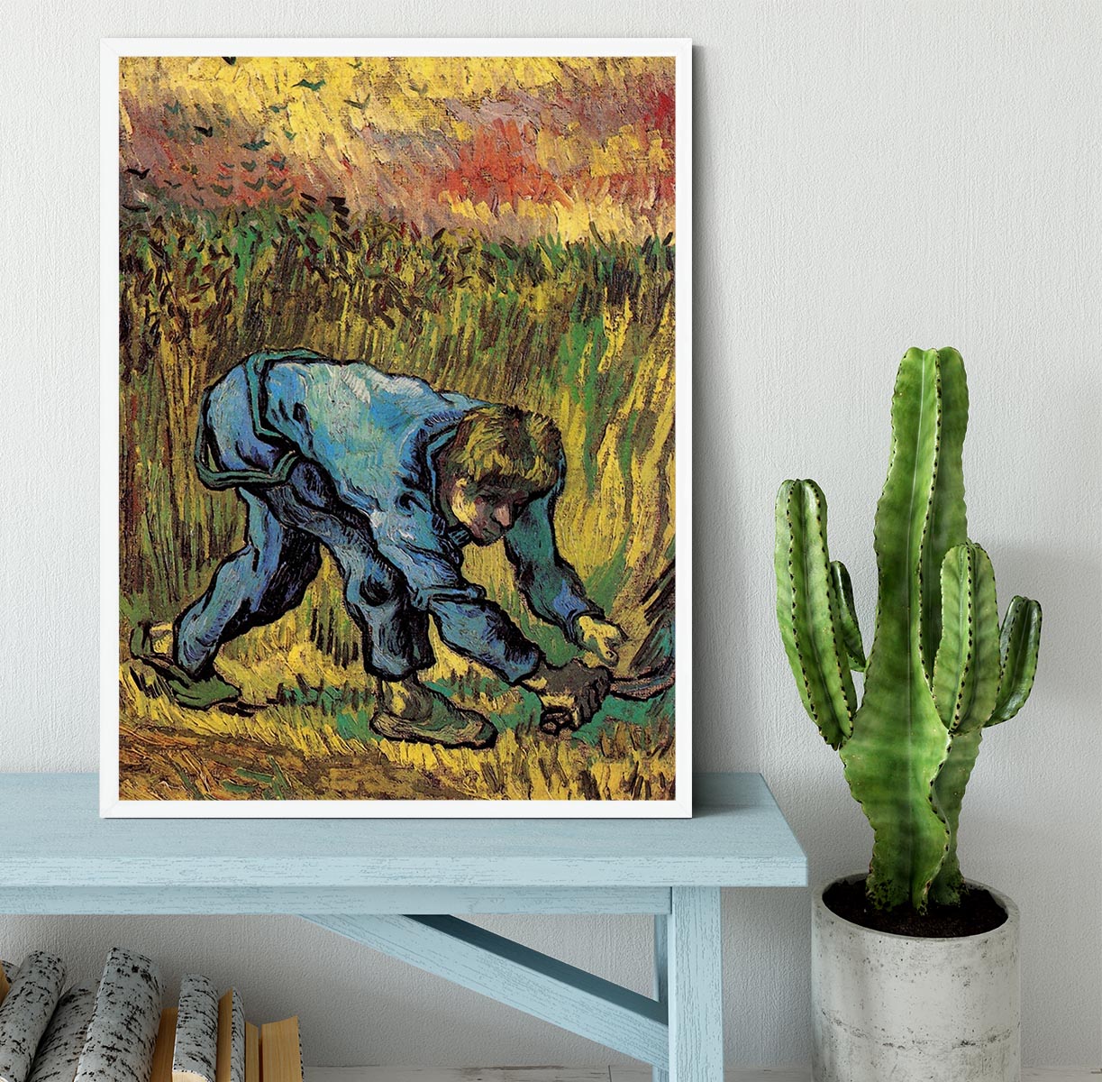 Framed print of Reaper with Sickle after Millet by Van Gogh, showcasing vibrant colors and intricate details.