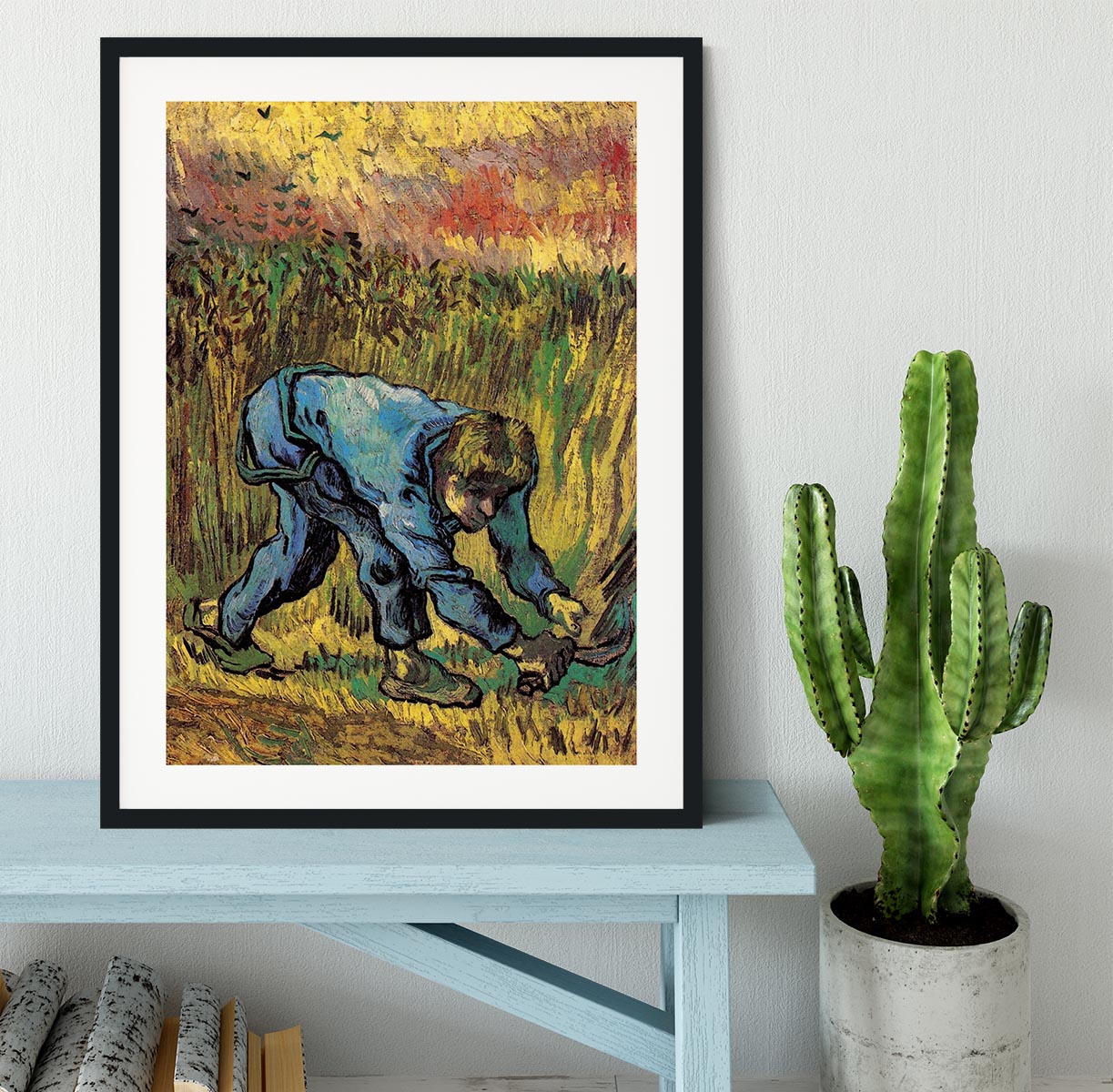 Framed print of Reaper with Sickle after Millet by Van Gogh, showcasing vibrant colors and intricate details.