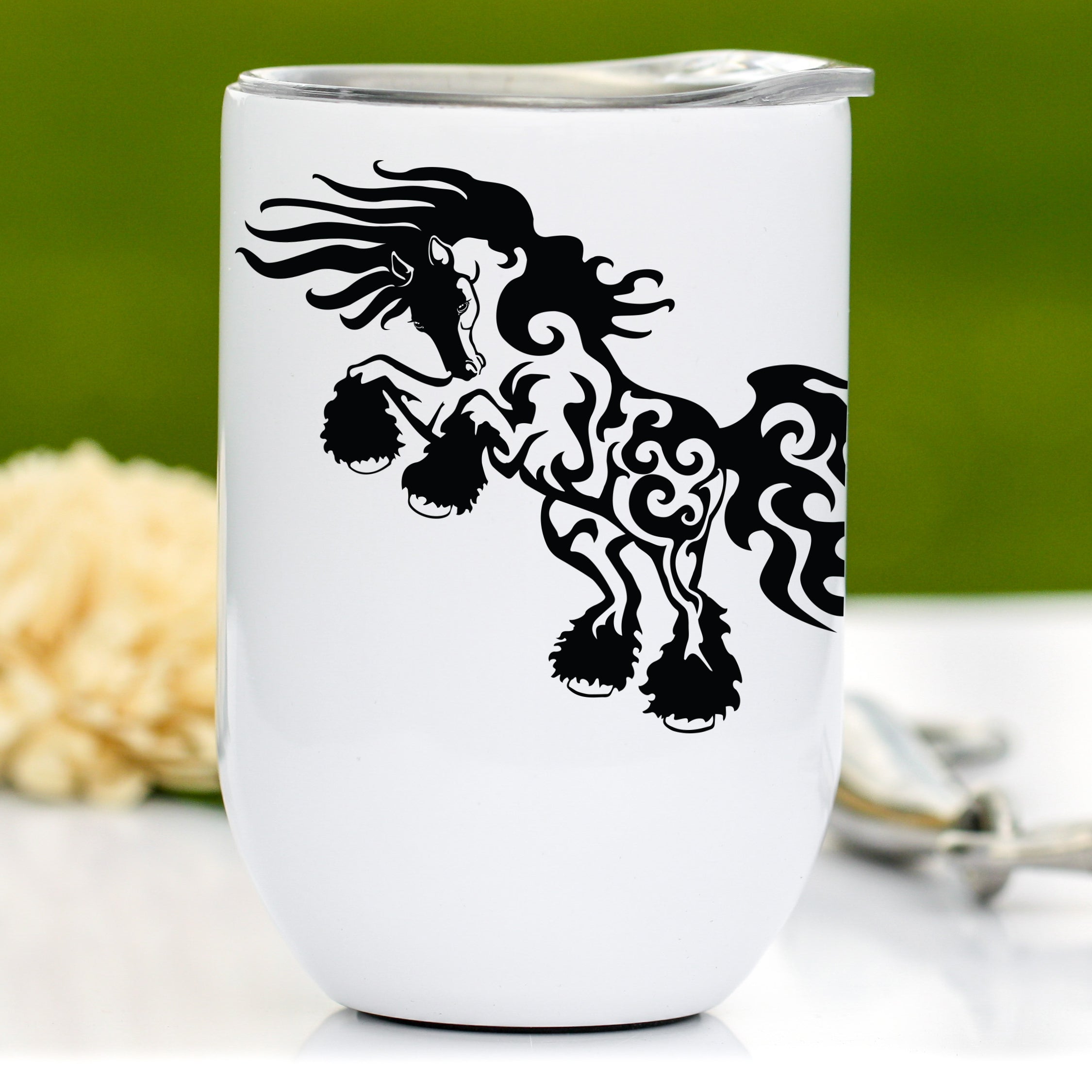 Insulated stainless steel wine tumbler featuring a rearing Gypsy Vanner horse design, perfect for horse lovers.