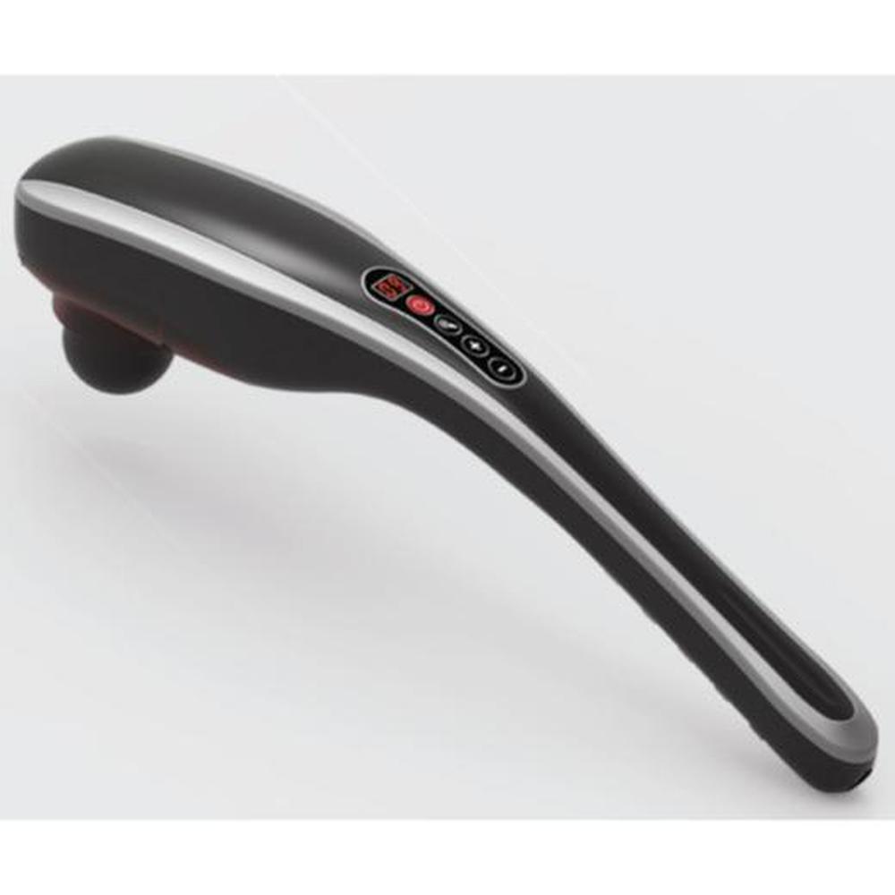 Rechargeable Body Hammer Massager in black and silver with LED screen, showcasing its ergonomic design and multiple massage heads.