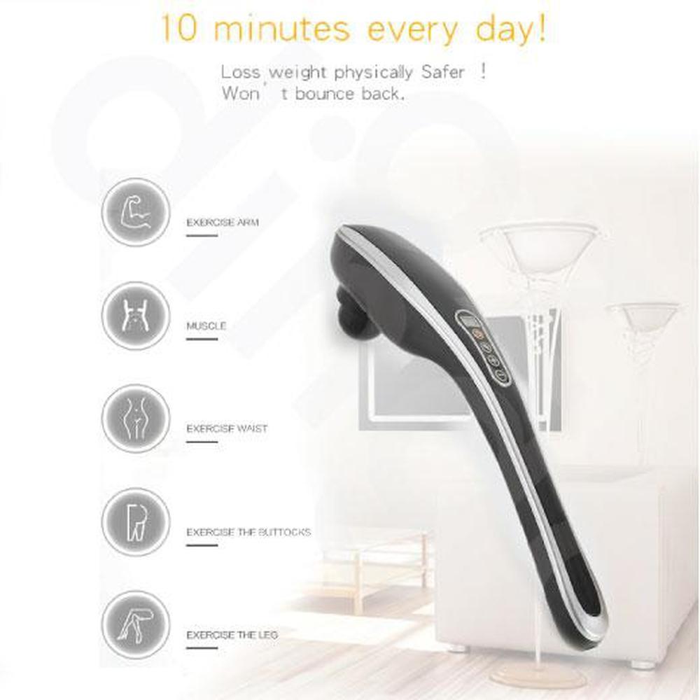 Rechargeable Body Hammer Massager in black and silver with LED screen, showcasing its ergonomic design and multiple massage heads.