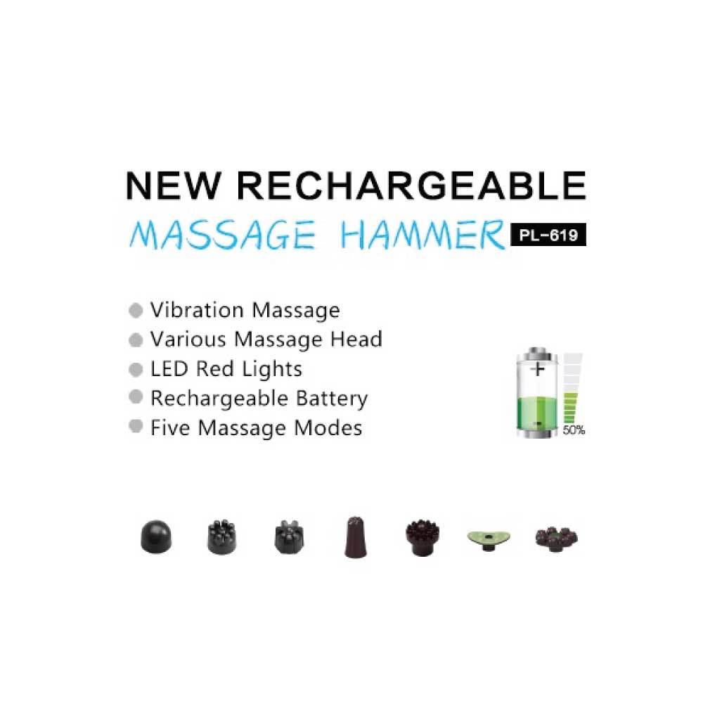 Rechargeable Body Hammer Massager in black and silver with LED screen, showcasing its ergonomic design and multiple massage heads.