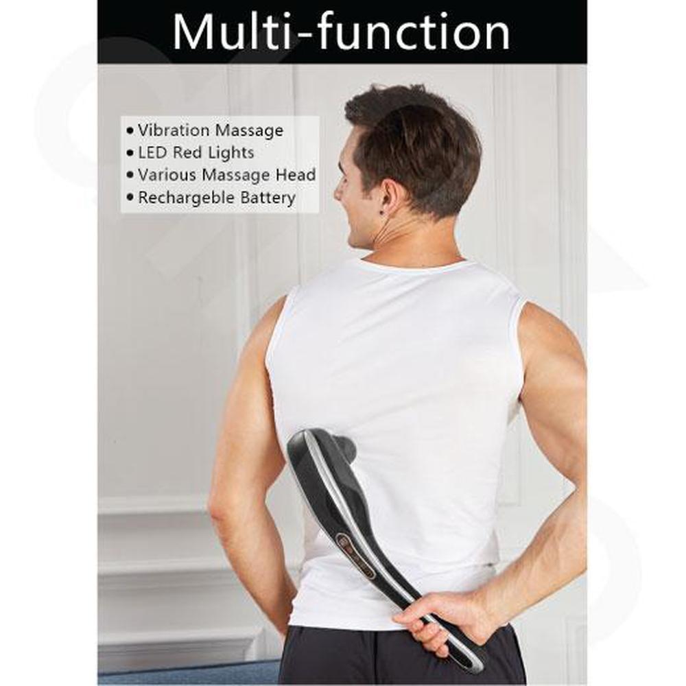 Rechargeable Body Hammer Massager in black and silver with LED screen, showcasing its ergonomic design and multiple massage heads.