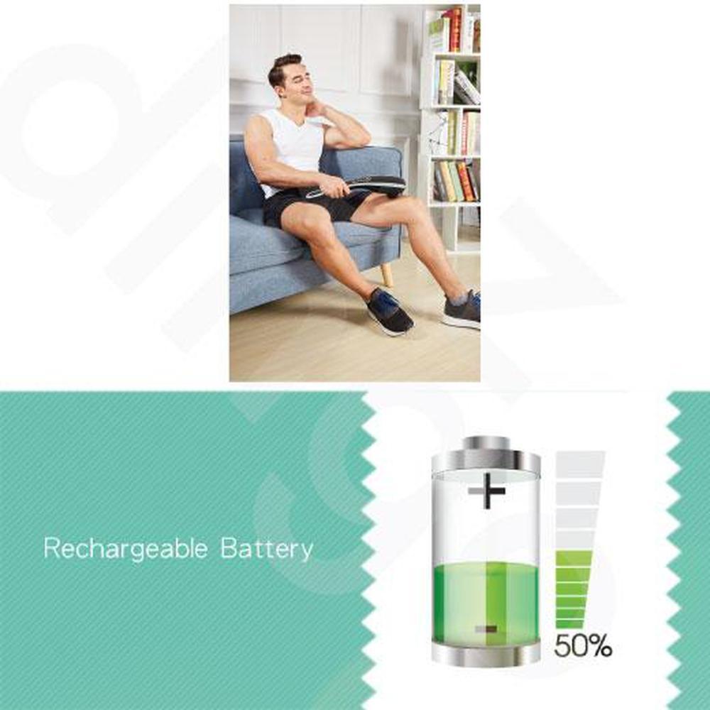 Rechargeable Body Hammer Massager in black and silver with LED screen, showcasing its ergonomic design and multiple massage heads.