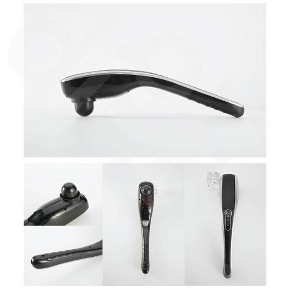 Rechargeable Body Hammer Massager in black and silver with LED screen, showcasing its ergonomic design and multiple massage heads.