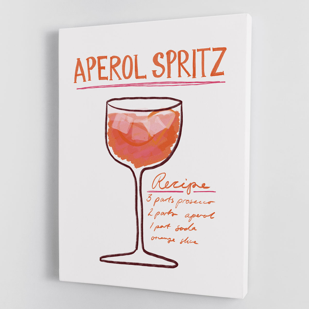 A vibrant canvas print featuring a Recipe Aperol Spritz cocktail, showcasing bright orange and yellow colors with a stylish design.