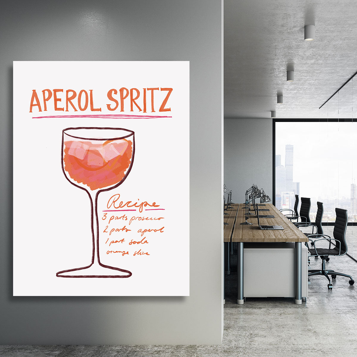 A vibrant canvas print featuring a Recipe Aperol Spritz cocktail, showcasing bright orange and yellow colors with a stylish design.