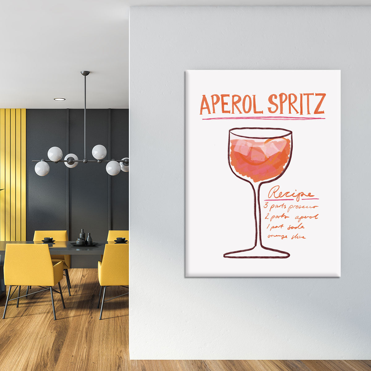 A vibrant canvas print featuring a Recipe Aperol Spritz cocktail, showcasing bright orange and yellow colors with a stylish design.